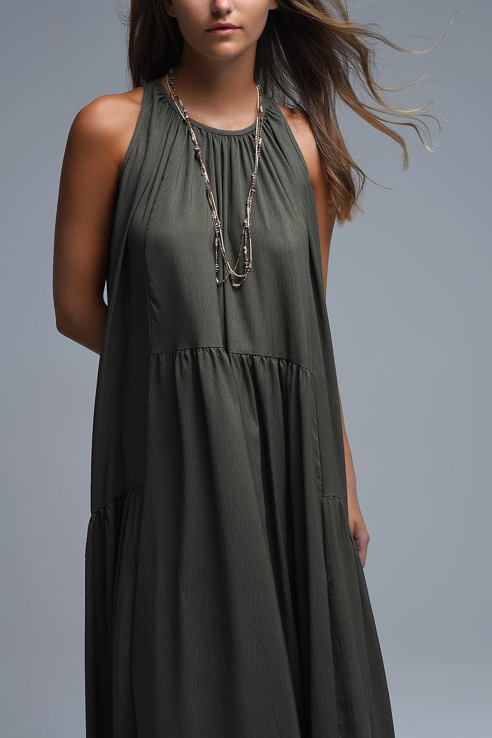 UNIKCOSA Khaki Halter Neck Maxi Dress With Seam Detailing