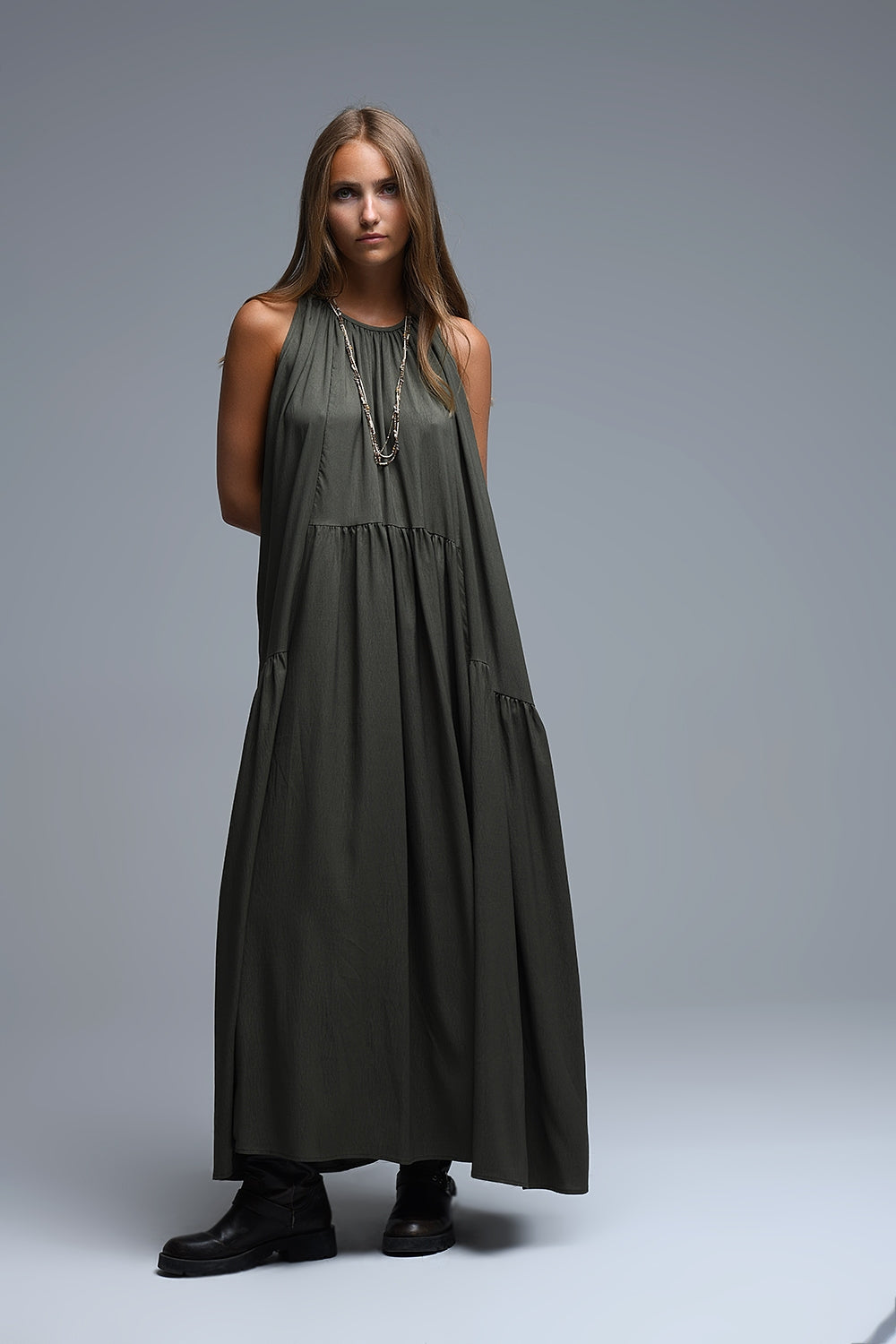 UNIKCOSA Khaki Halter Neck Maxi Dress With Seam Detailing