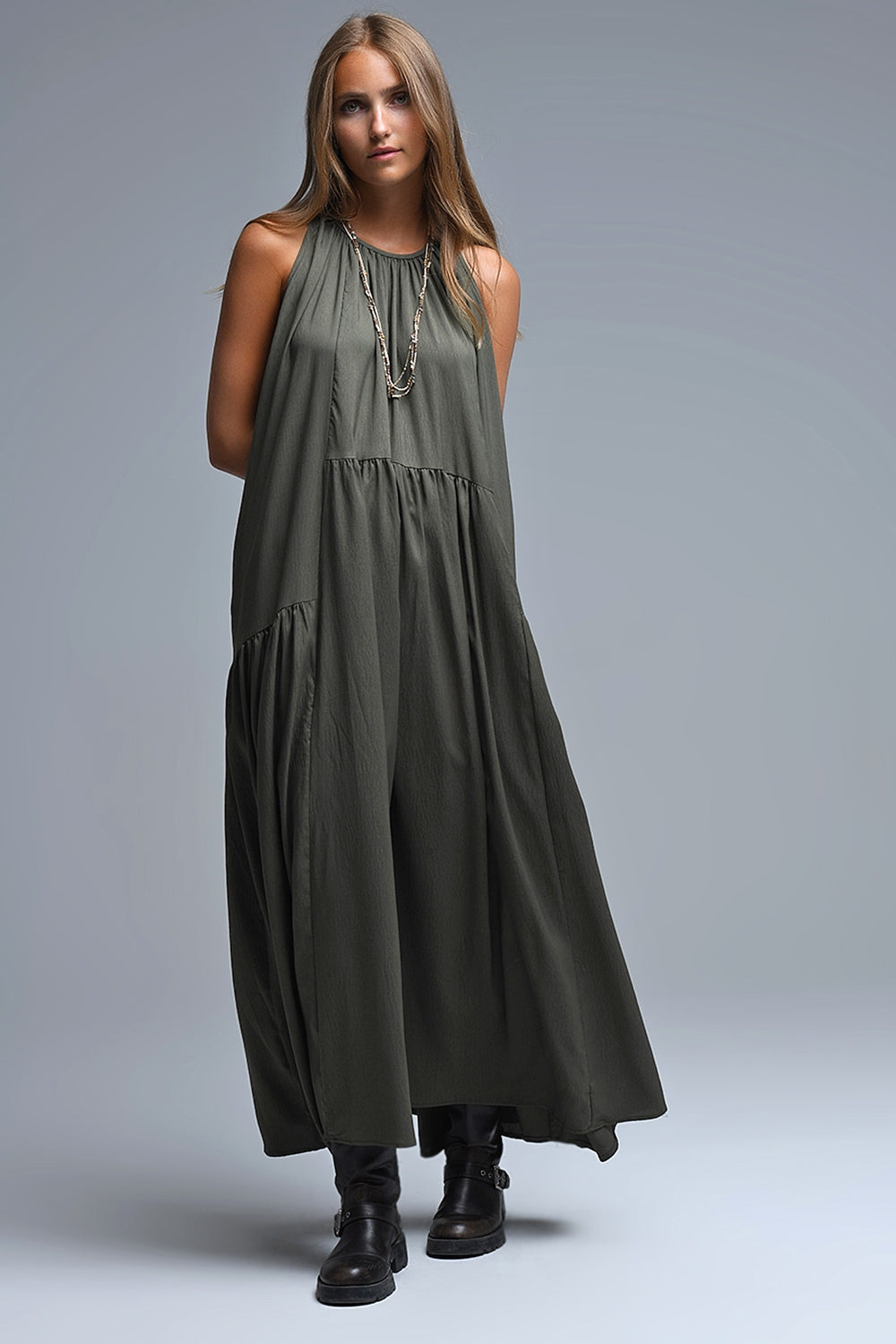 UNIKCOSA Khaki Halter Neck Maxi Dress With Seam Detailing