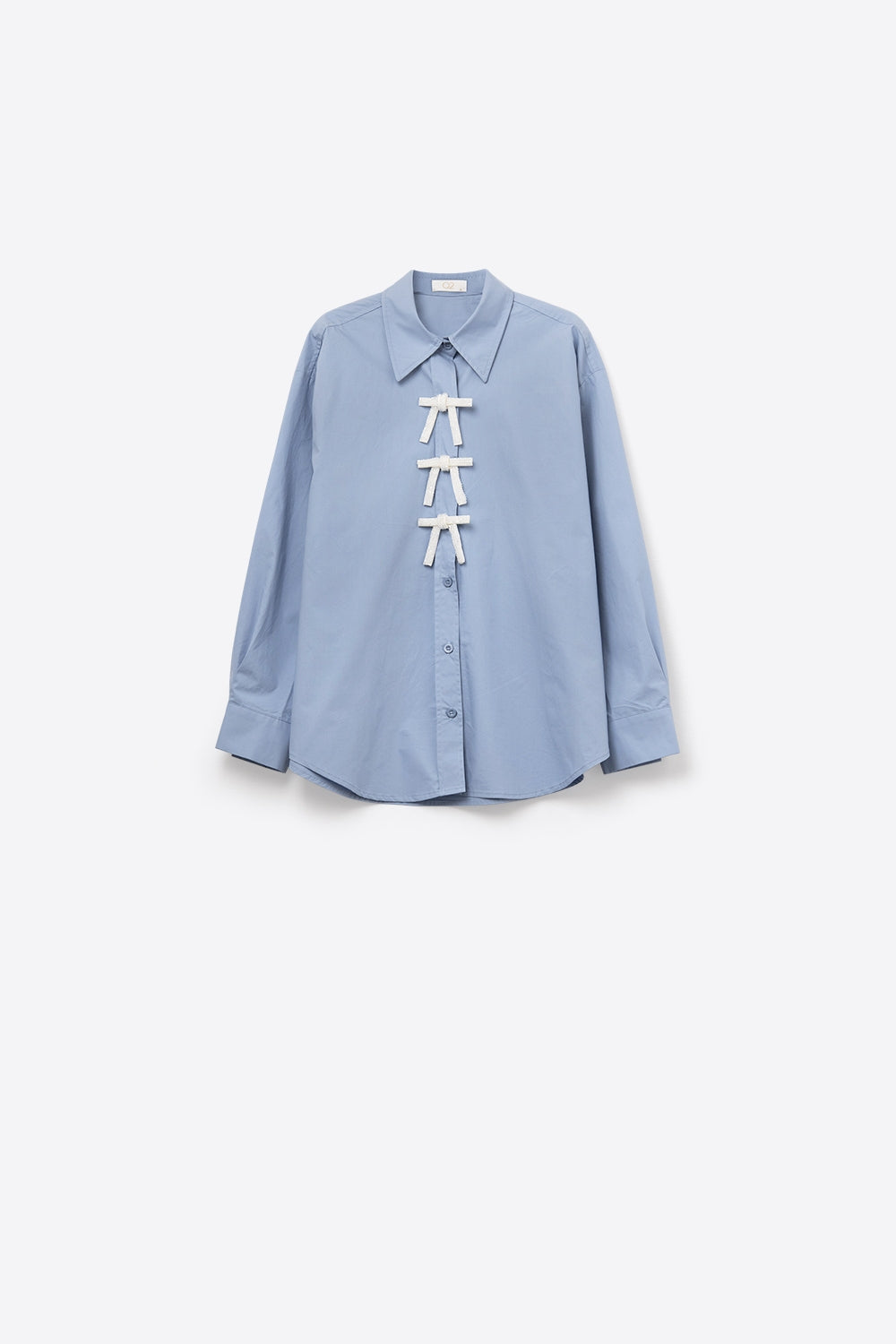 Blue Oversized Poplin Shirt With White Beaded Bow Buttons