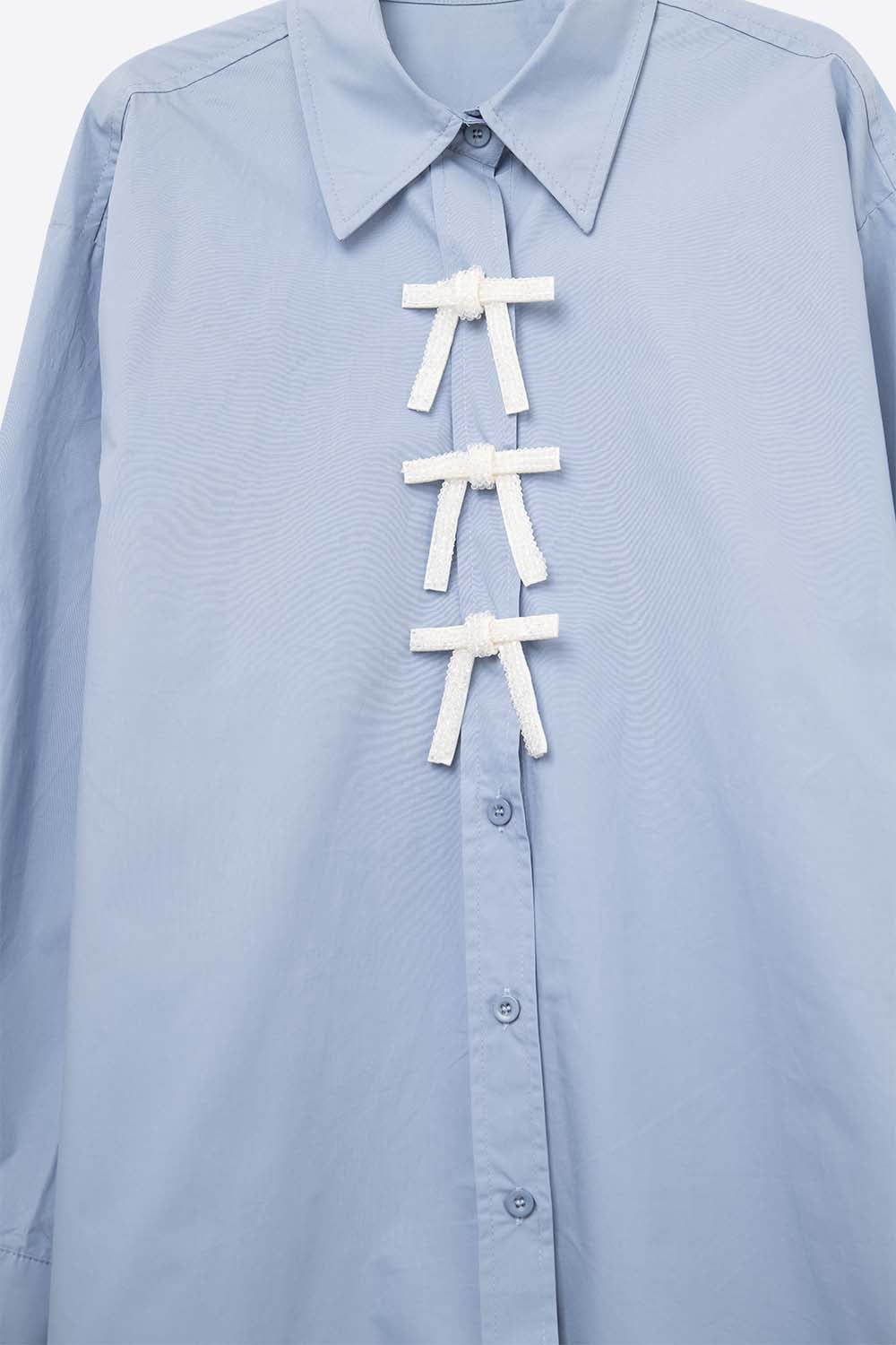 Blue Oversized Poplin Shirt With White Beaded Bow Buttons