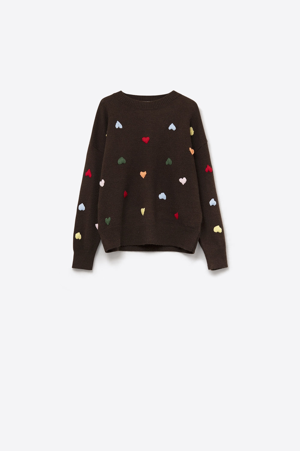 Brown Crew neck Sweater With Multicolor Embroidered Hearts