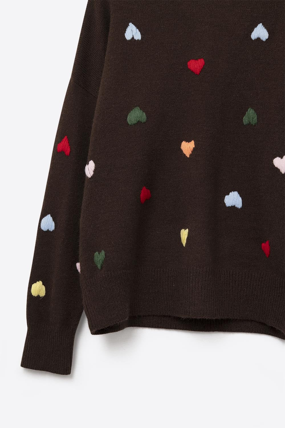 Brown Crew neck Sweater With Multicolor Embroidered Hearts