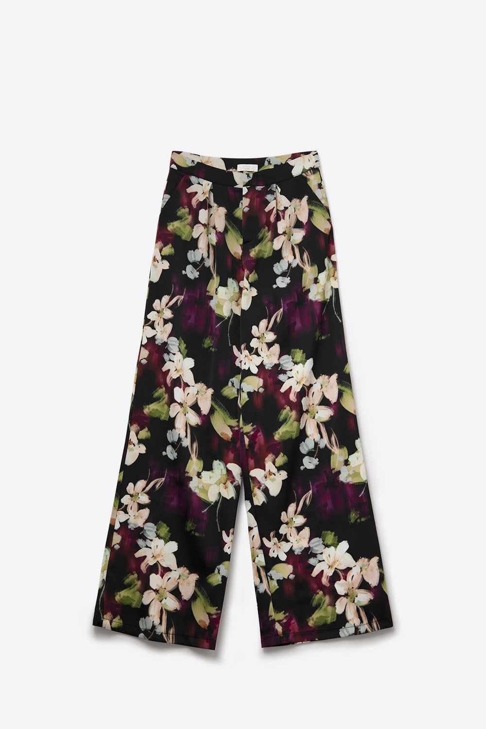 Floral-Print Flowing Pants in satin fabric with side pockets