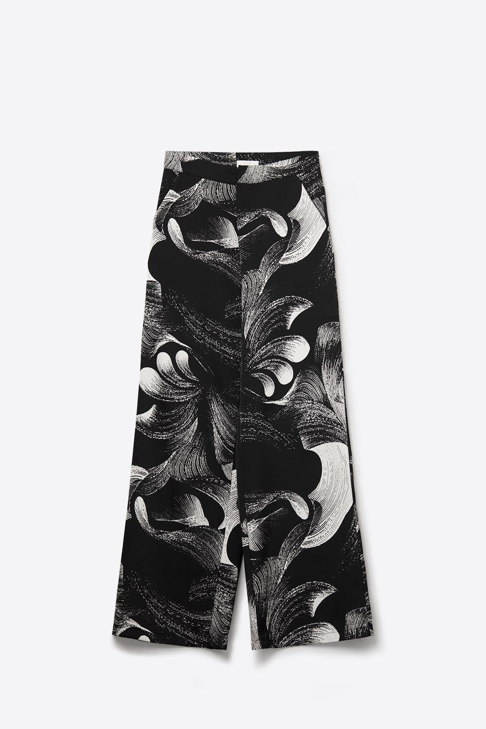 Elegant Printed Black Wide-Leg Pants in satin fabric