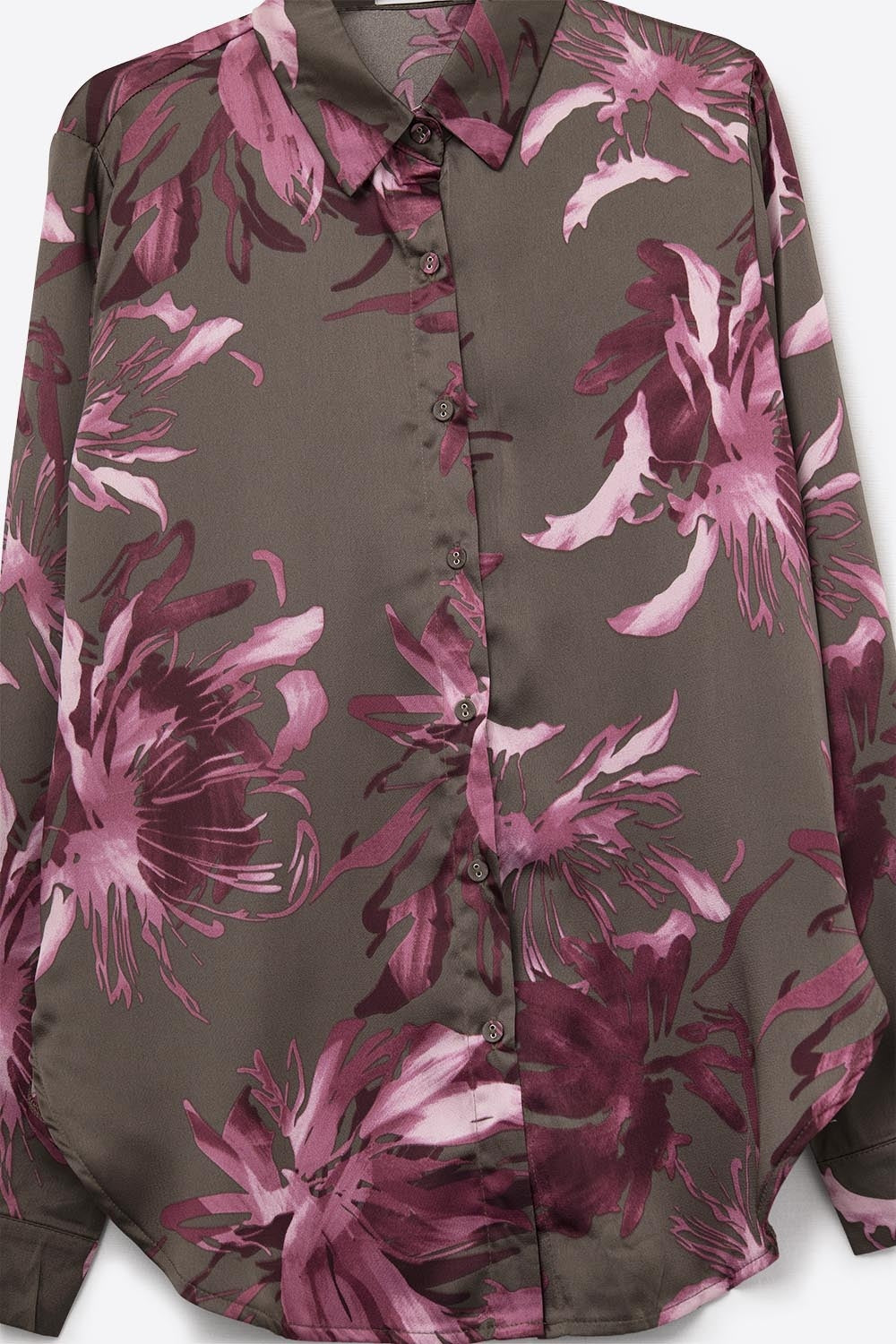 Gray Floral Print Satin Shirt with Buttons