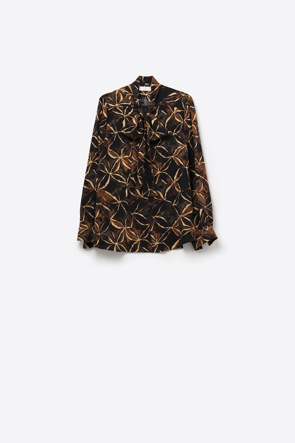 Black chiffon shirt with abstract print and knotted bow