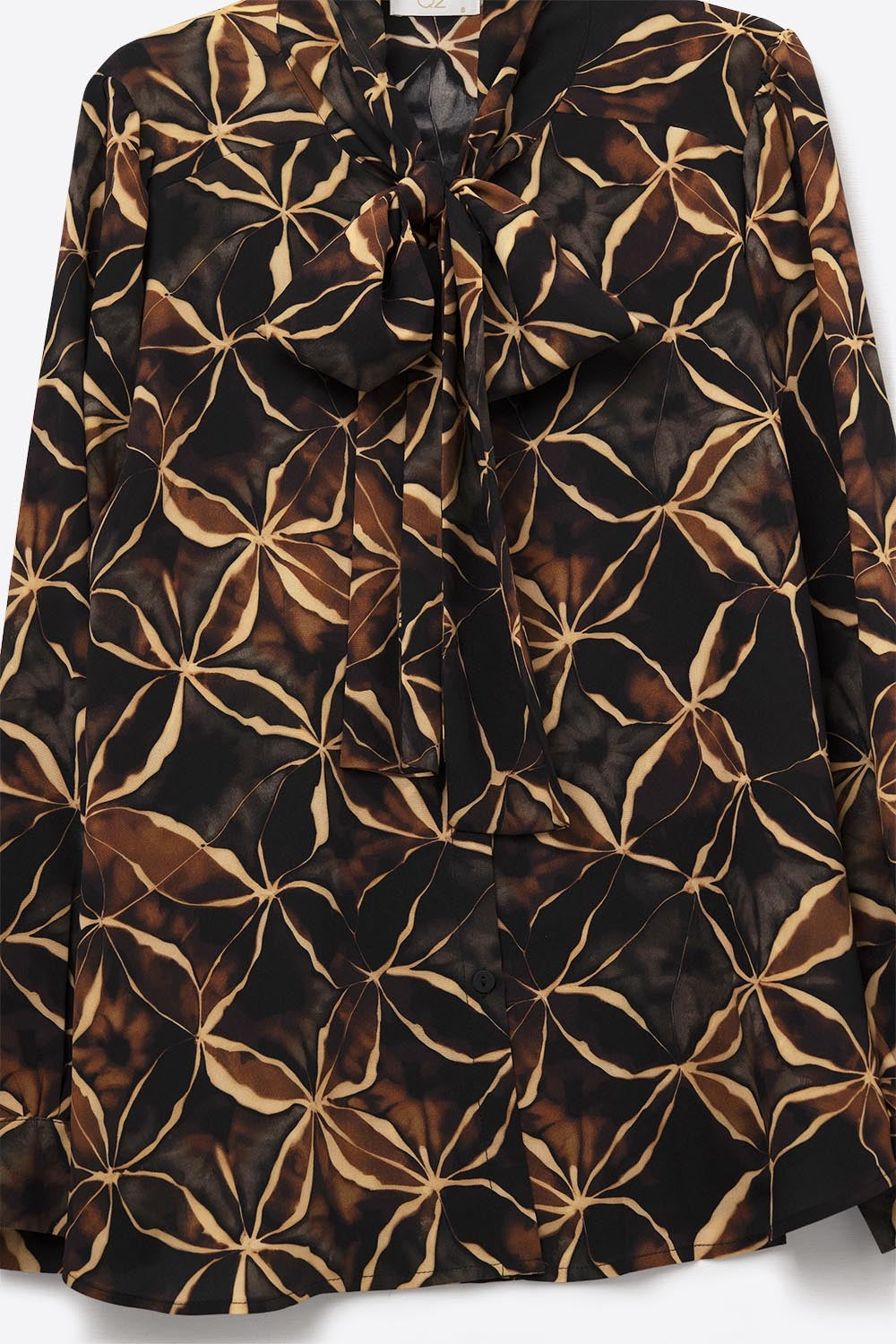 Black chiffon shirt with abstract print and knotted bow
