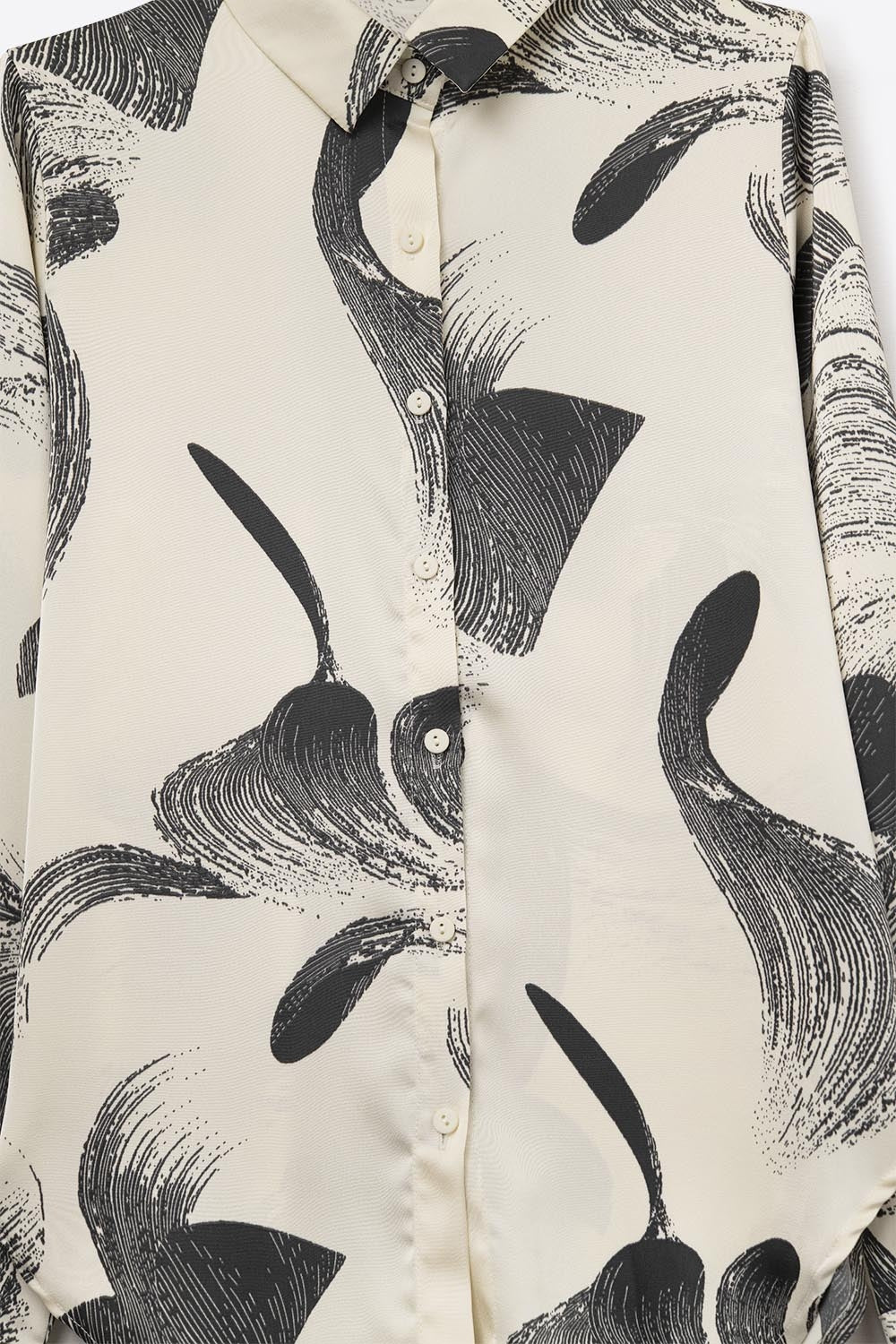 Cream abstract Printed satin Relaxed Fit Shirt
