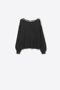 black fine knit sweater with a boat neck and rhinestone detail