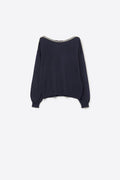 navy fine knit sweater with a boat neck and rhinestone detail