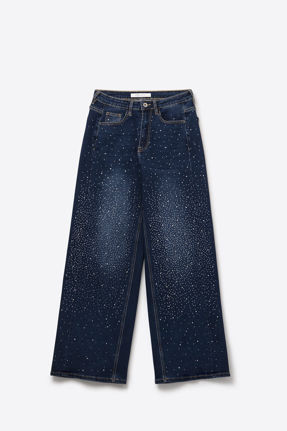 Wide Leg Denim Jeans with Rhinestone Detailing Front