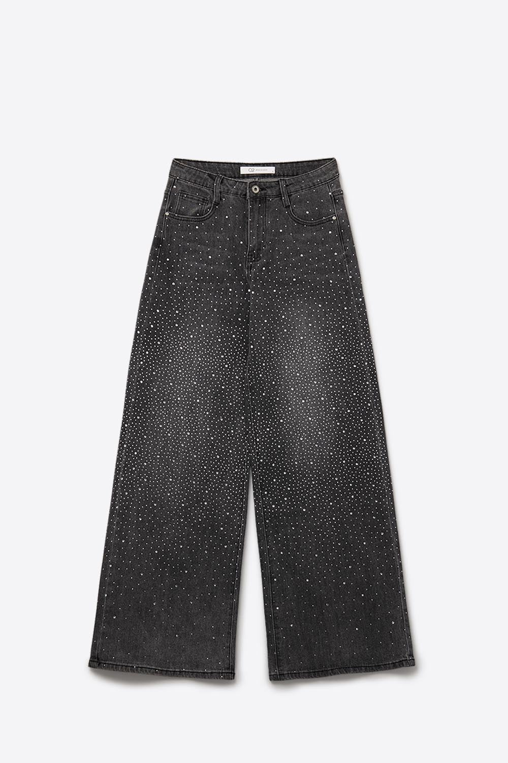 Black Rhinestone Wide-Leg Jeans