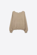 beige fine knit sweater with a boat neck and rhinestone detail