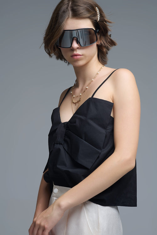 Black poplin crop top with bow detail — view 1 of 7