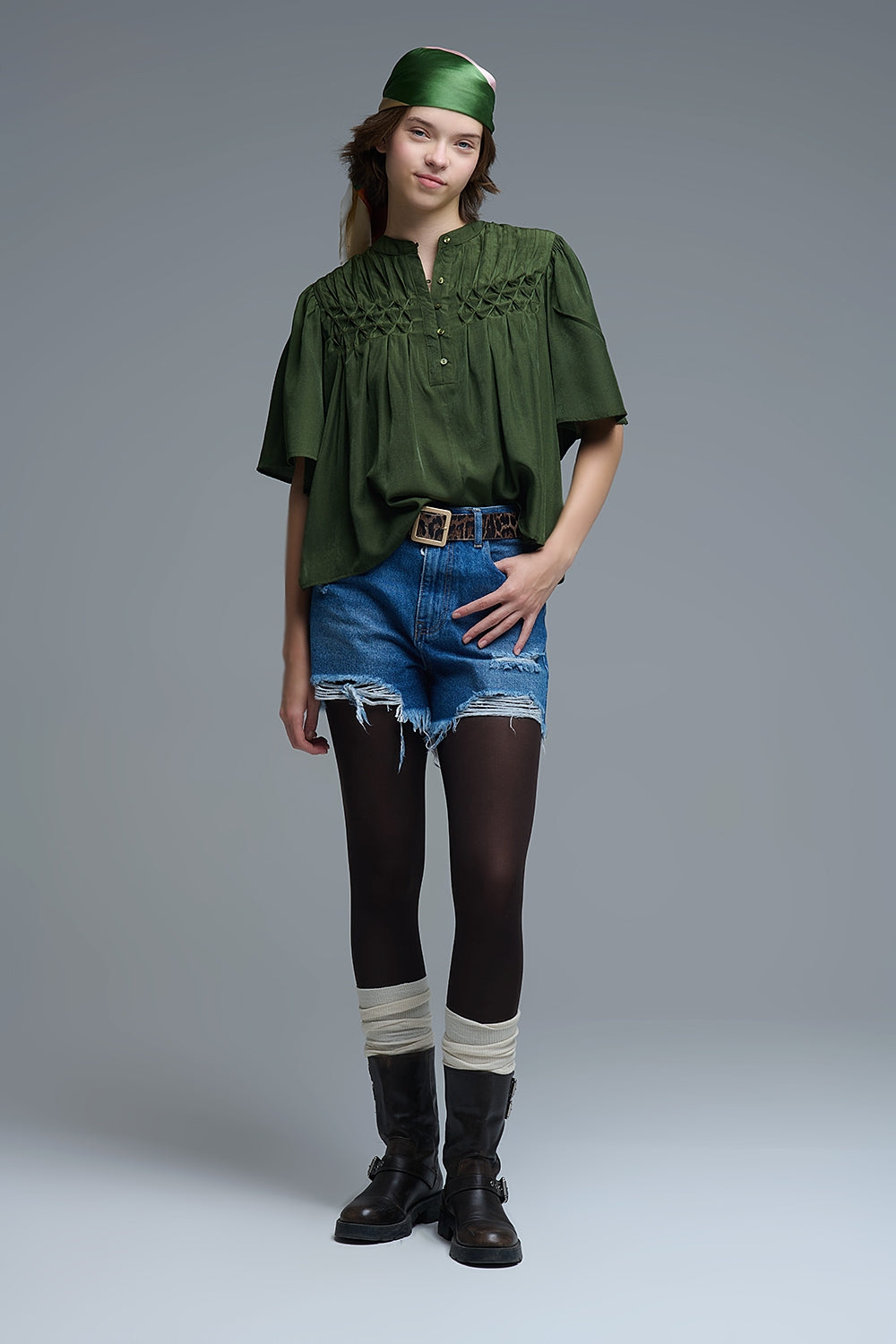 Relaxed Green boho-style blouse with embroidered details