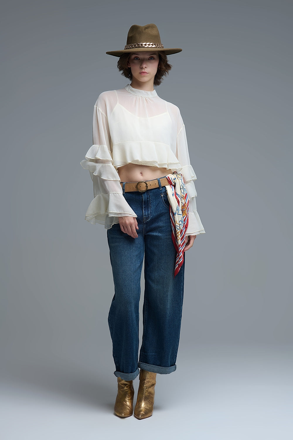 Sheer Cape-style Beige Blouse in chiffon With Ruffles