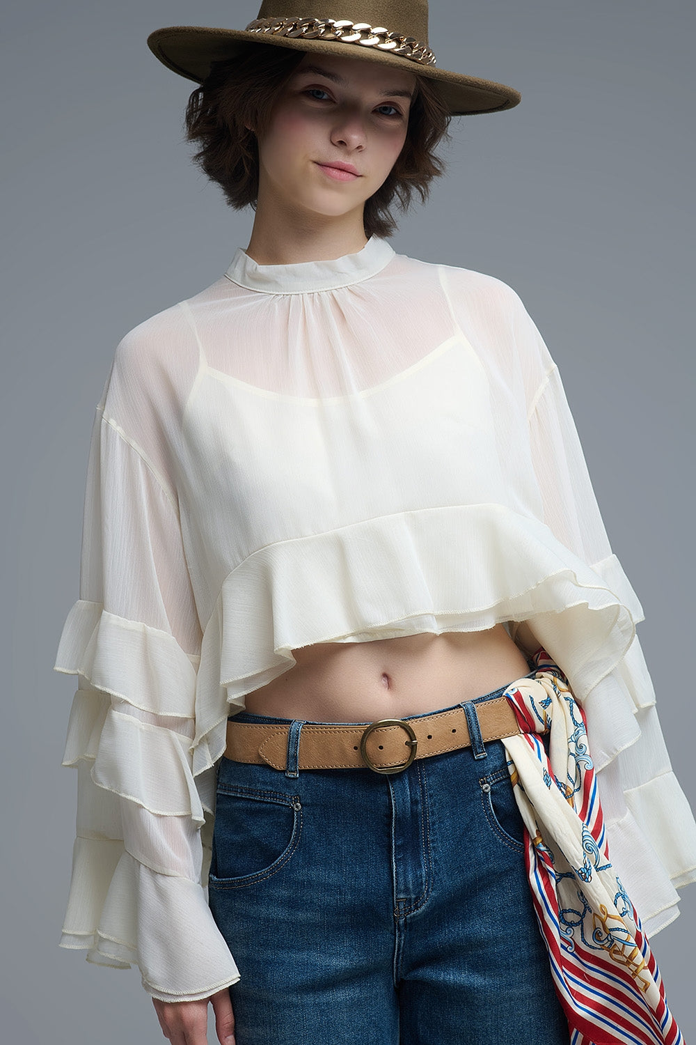 Sheer Cape-style Beige Blouse in chiffon With Ruffles