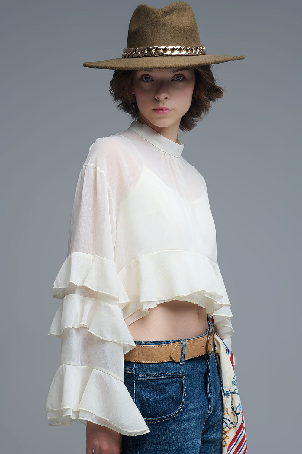 Sheer Cape-style Beige Blouse in chiffon With Ruffles