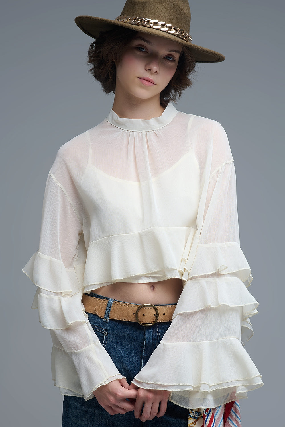 Sheer Cape-style Beige Blouse in chiffon With Ruffles