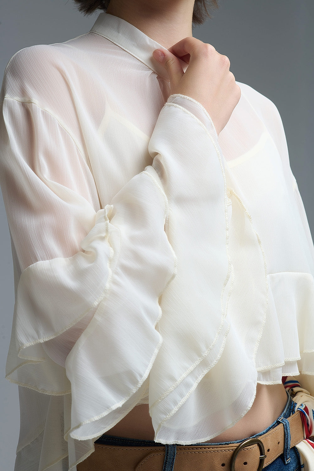 Sheer Cape-style Beige Blouse in chiffon With Ruffles
