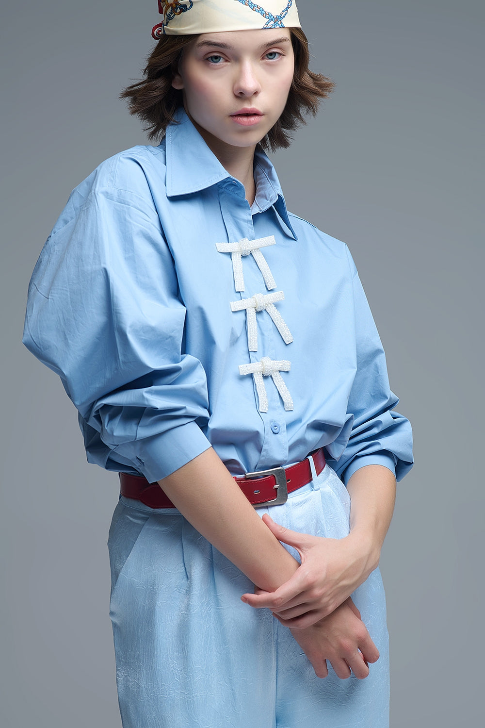 Blue Oversized Poplin Shirt With White Beaded Bow Buttons