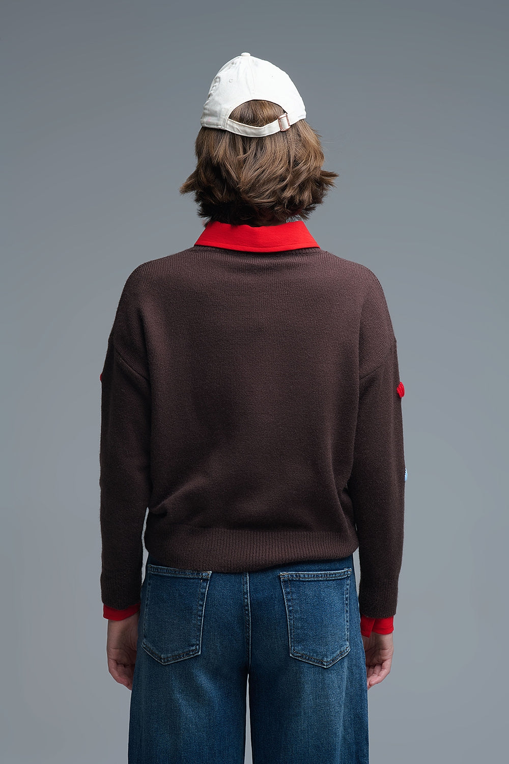 Brown Crew neck Sweater With Multicolor Embroidered Hearts