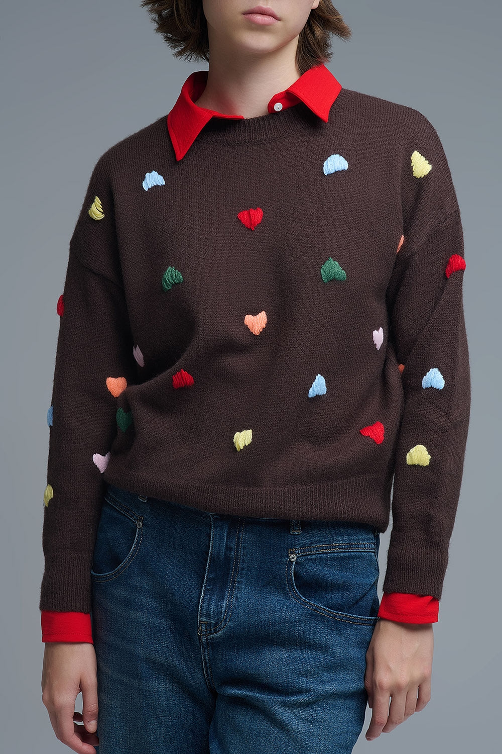 Brown Crew neck Sweater With Multicolor Embroidered Hearts