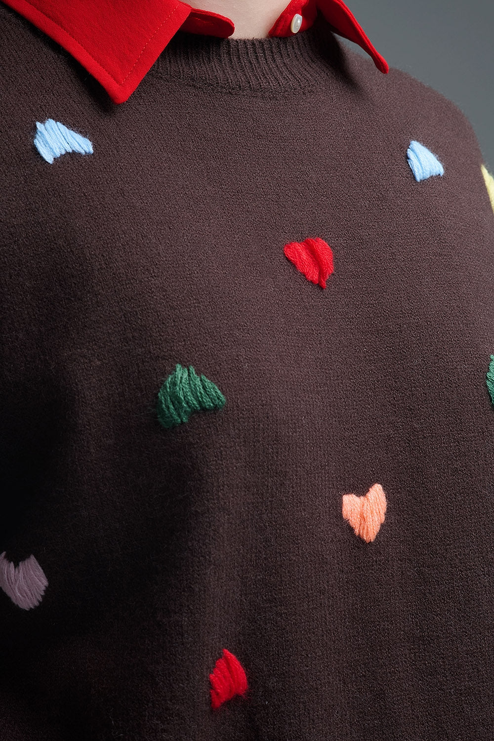 Brown Crew neck Sweater With Multicolor Embroidered Hearts