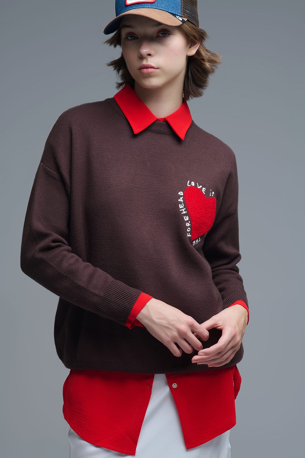 Embroidered Heart knitted Sweatshirt With Text in Brown