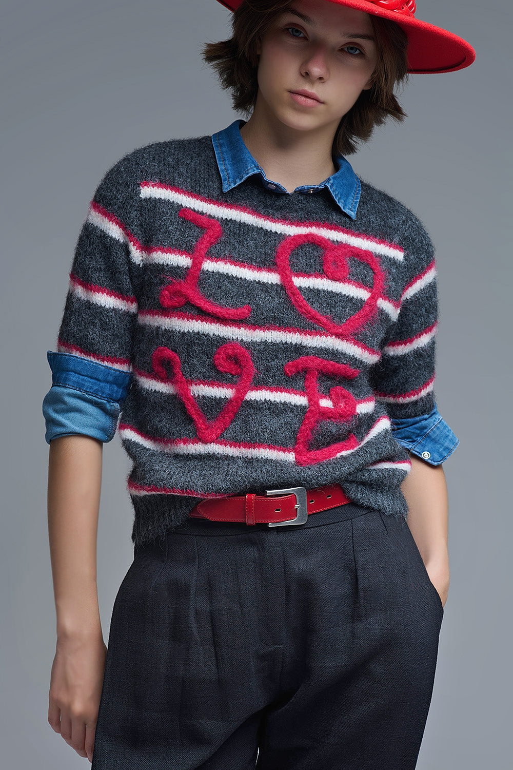 Short Sleeve Embroidered Love Sweater in Dark Grey
