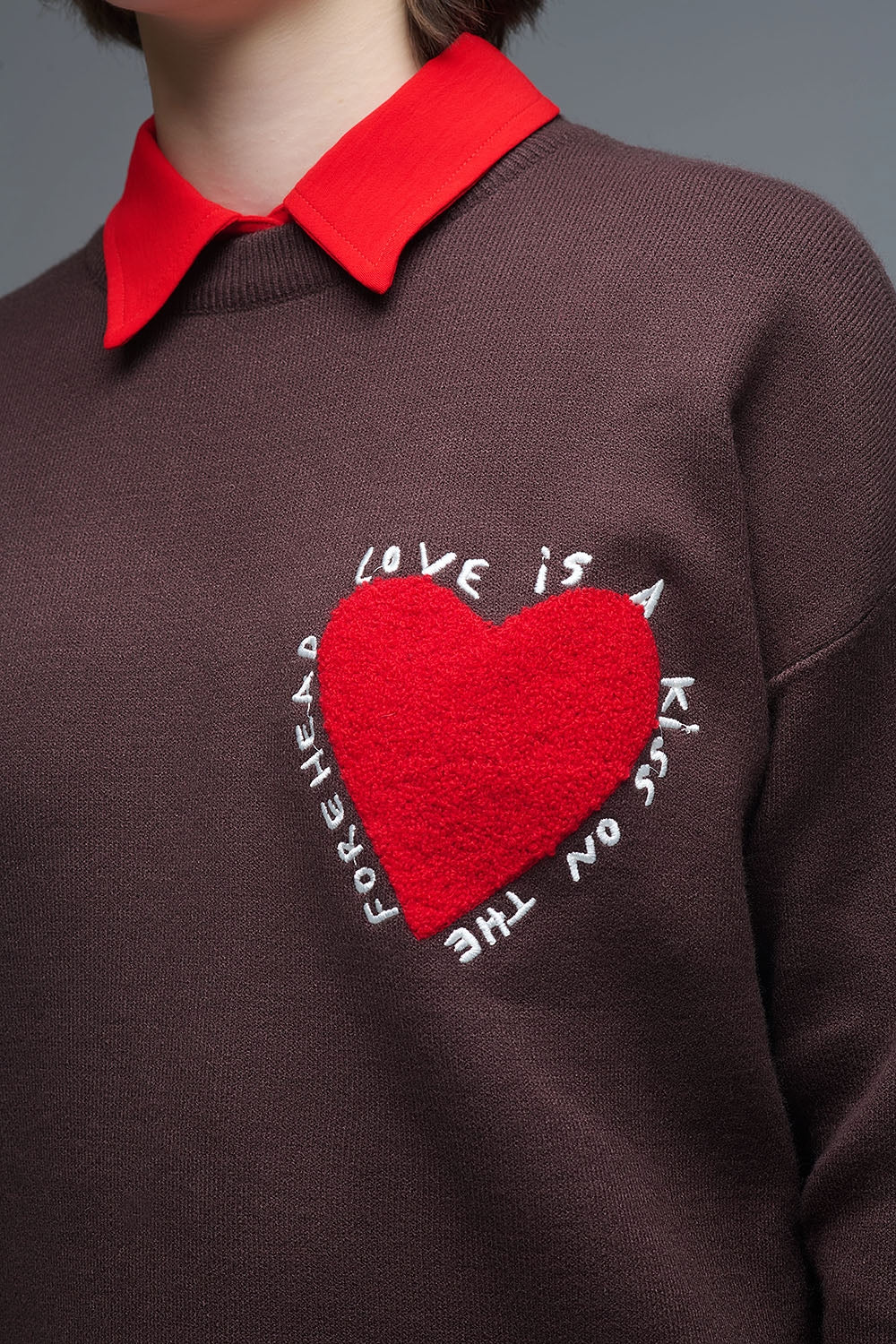 Embroidered Heart knitted Sweatshirt With Text in Brown
