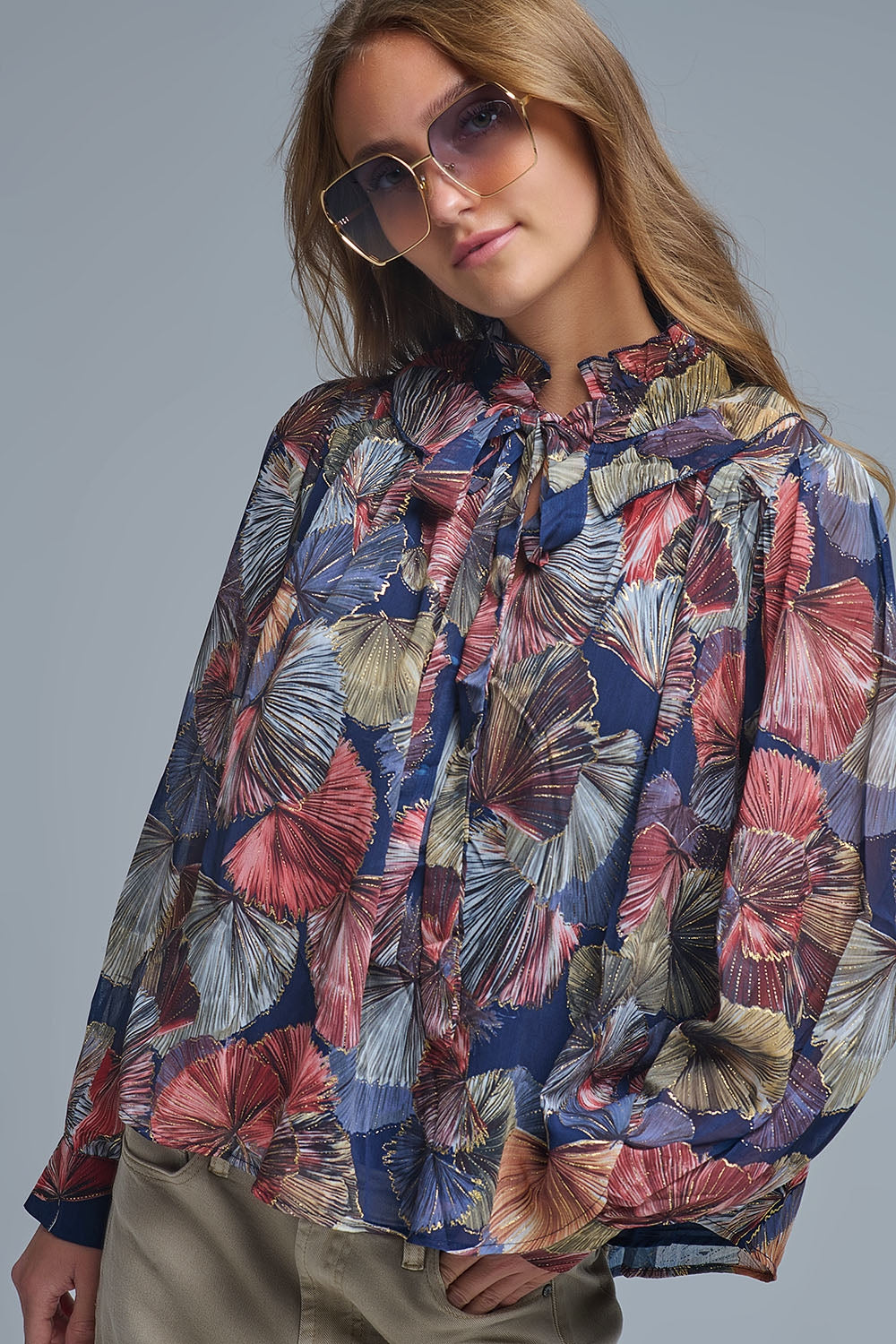 Boho-Chic Printed Ruffle Blouse in Metallic Palms Print