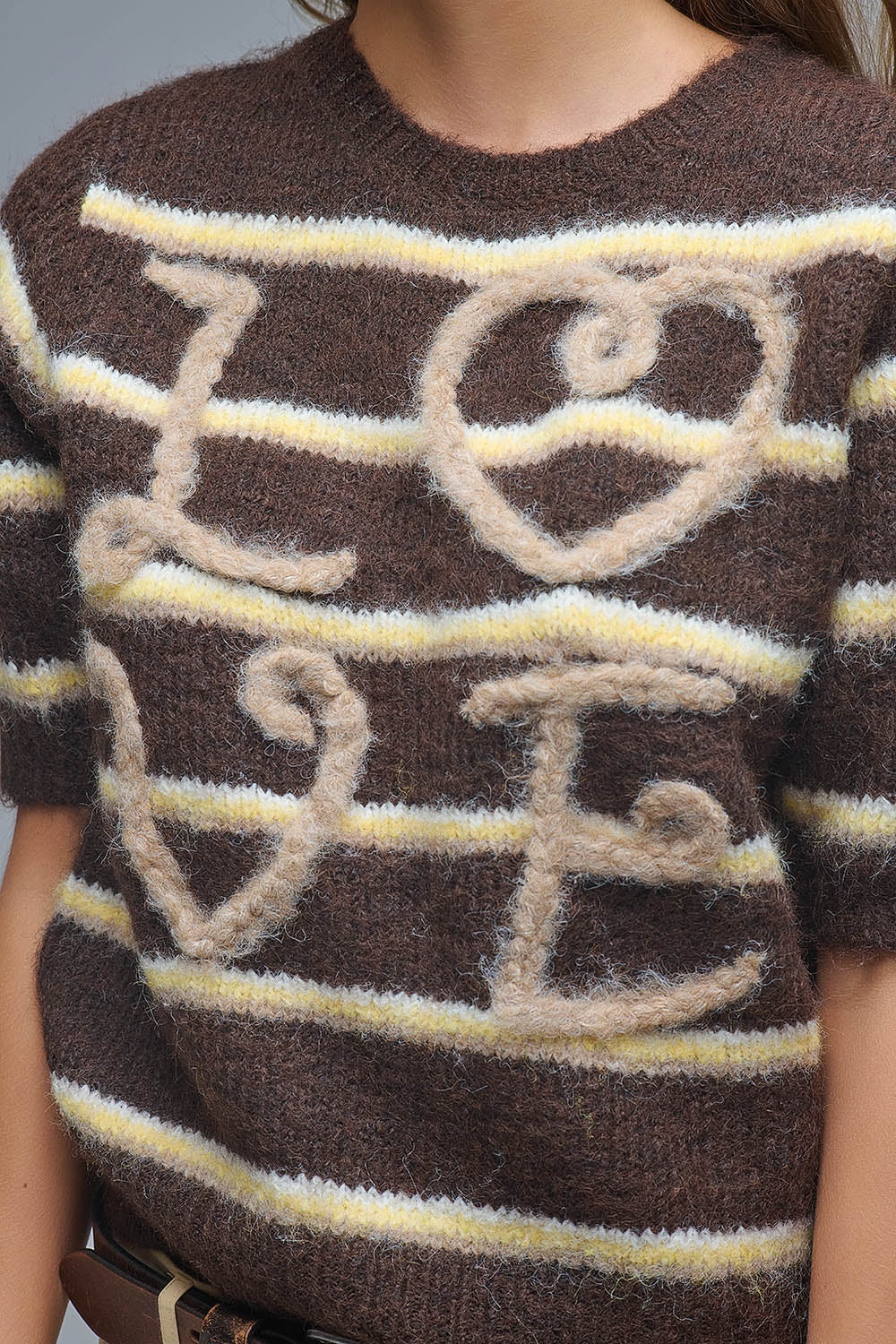 Short Sleeve Embroidered Love Sweater in Brown