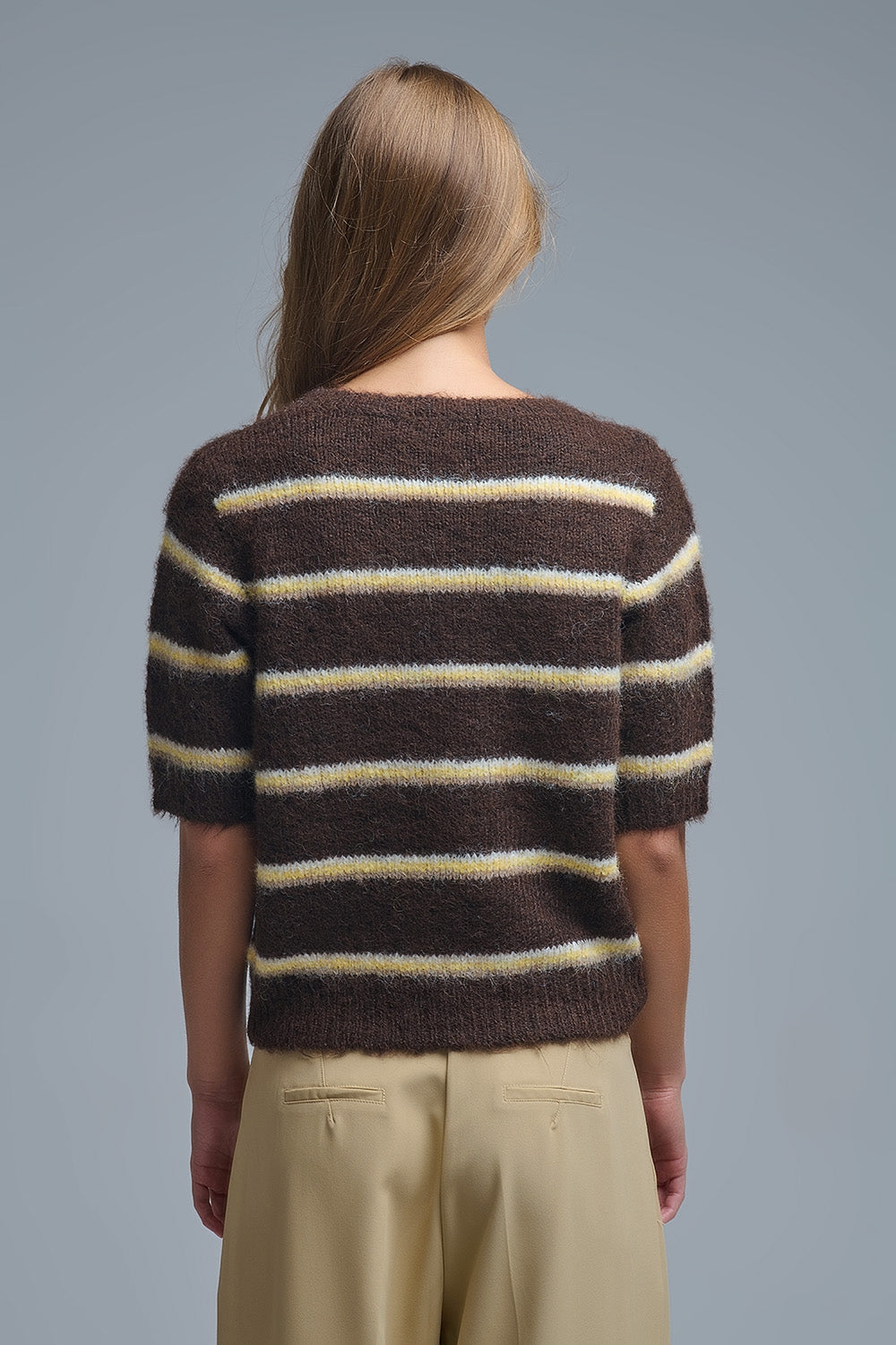 Short Sleeve Embroidered Love Sweater in Brown