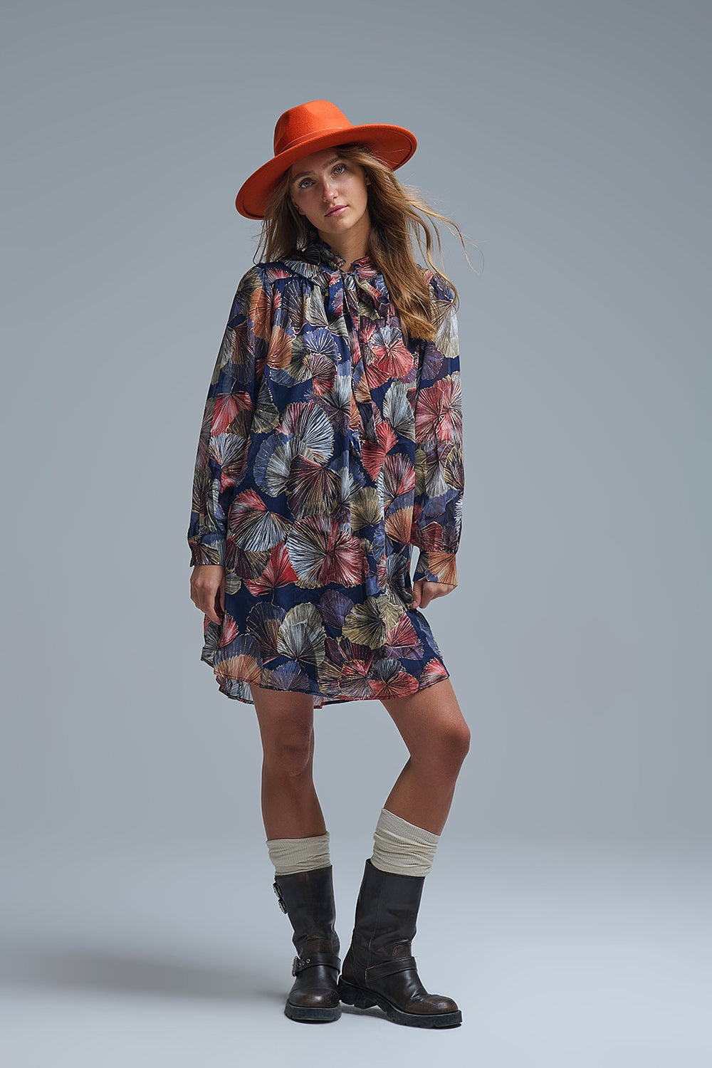 UNIKCOSA Elegant Floral A-Line Tie Neck Dress