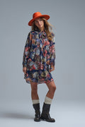 UNIKCOSA Elegant Floral A-Line Tie Neck Dress