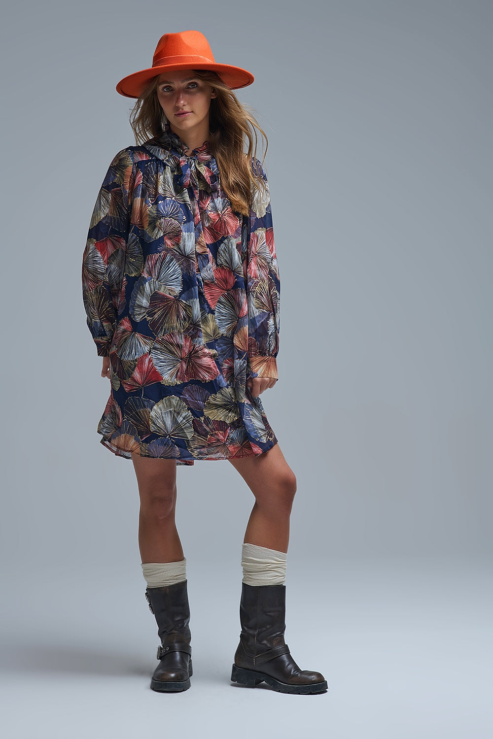 UNIKCOSA Elegant Floral A-Line Tie Neck Dress