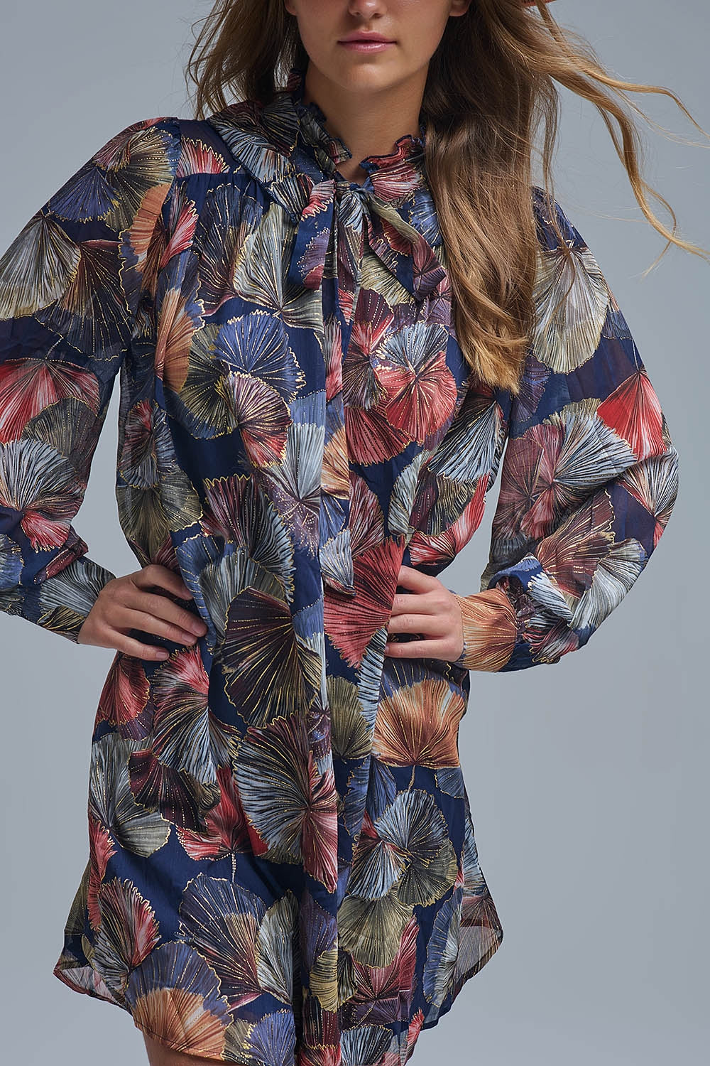UNIKCOSA Elegant Floral A-Line Tie Neck Dress