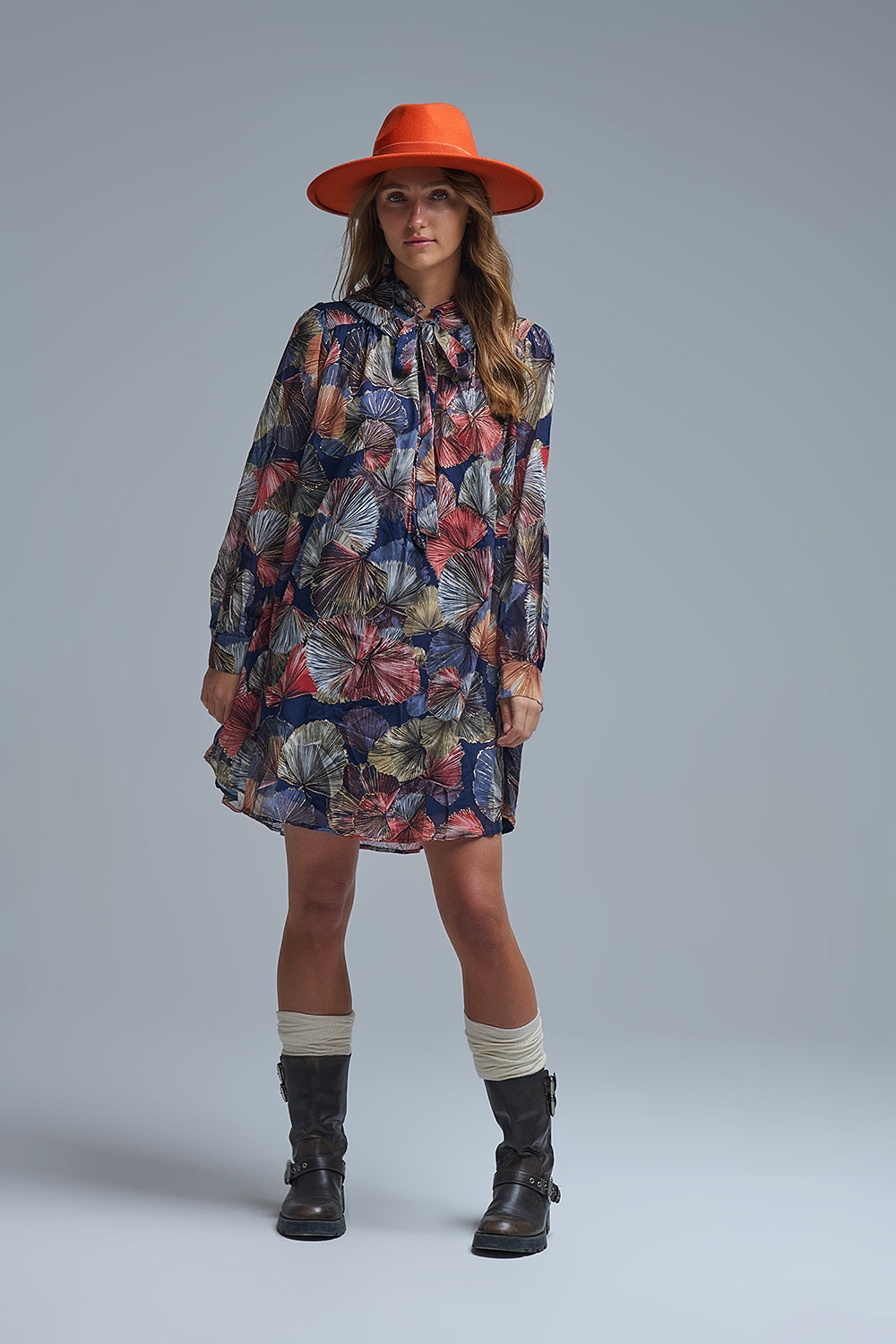 UNIKCOSA Elegant Floral A-Line Tie Neck Dress