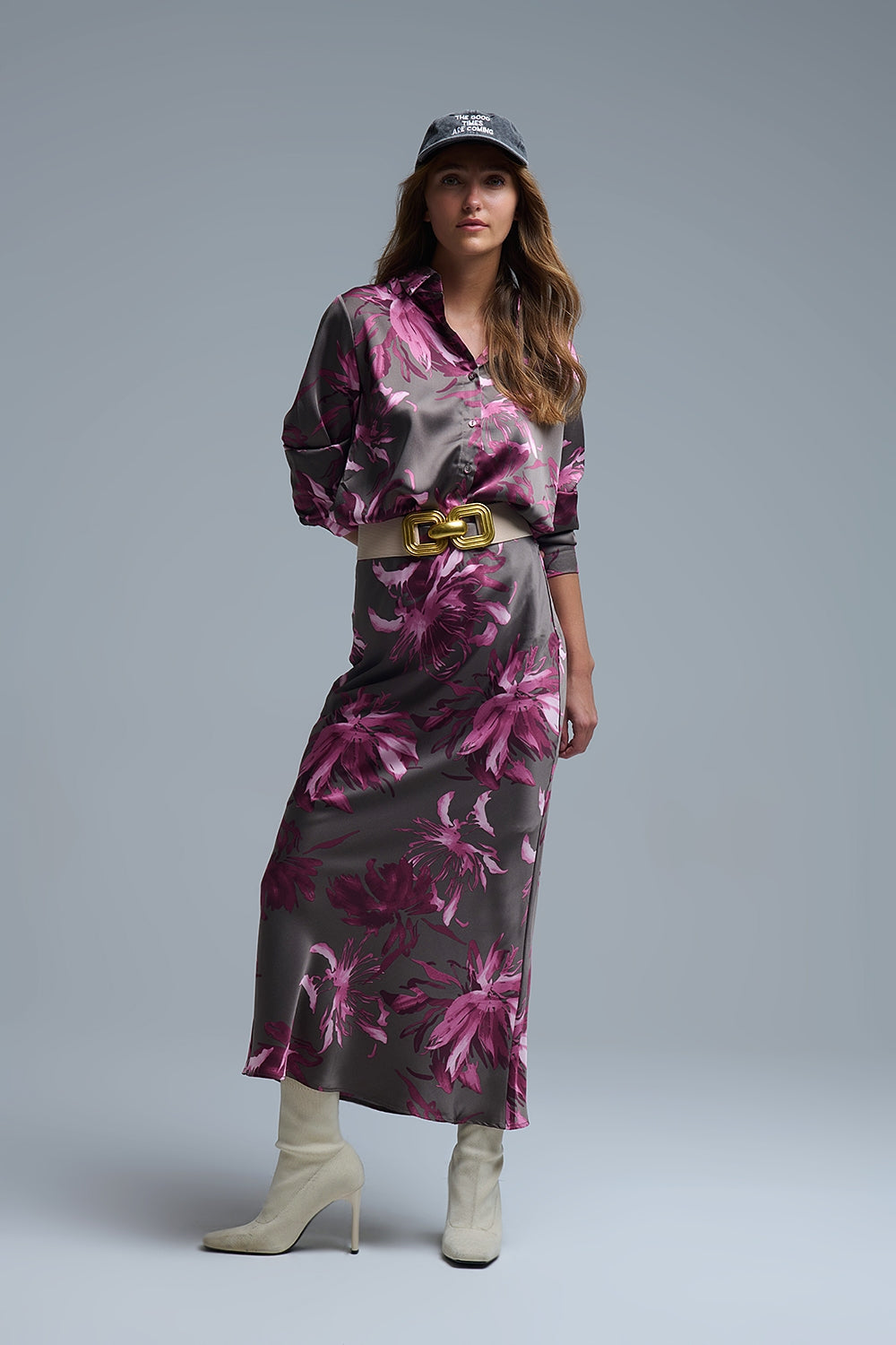 Elegant Floral Midi Skirt made in satin grey