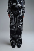 Elegant Printed Black Wide-Leg Pants in satin fabric