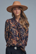 Black chiffon shirt with abstract print and knotted bow