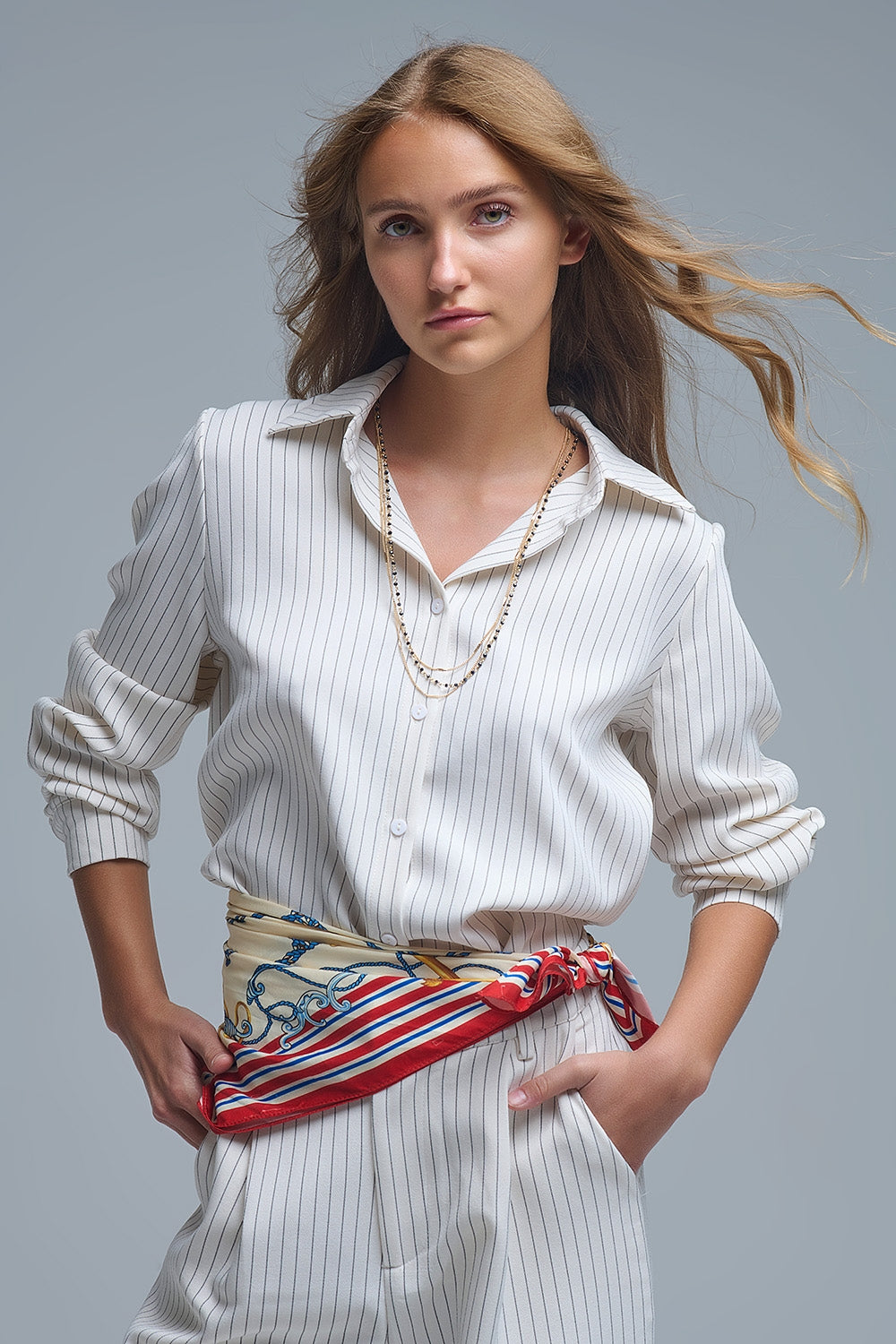 Sophisticated Pinstripe Cream-Striped High-Neck Shirt