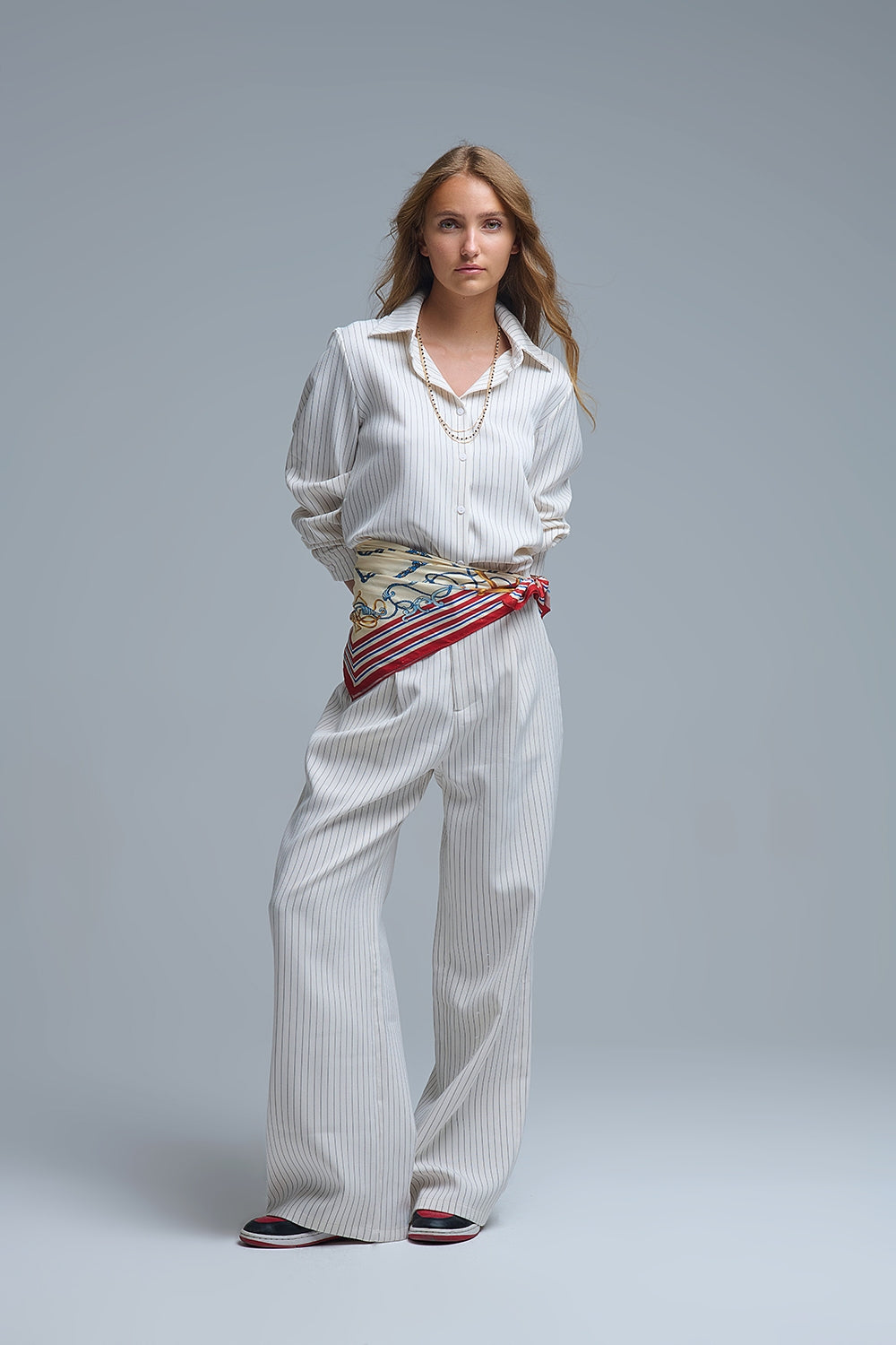 Sophisticated Pinstripe Cream-Striped High-Neck Shirt