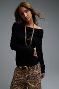 Chic Off-Shoulder boat neck Knit Top in black