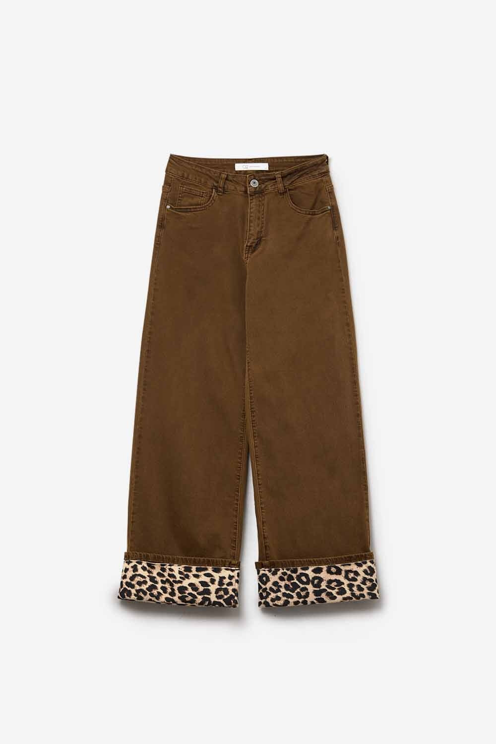 Wide leg camel pants with leopard print at the bottom
