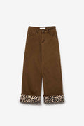 Wide leg camel pants with leopard print at the bottom