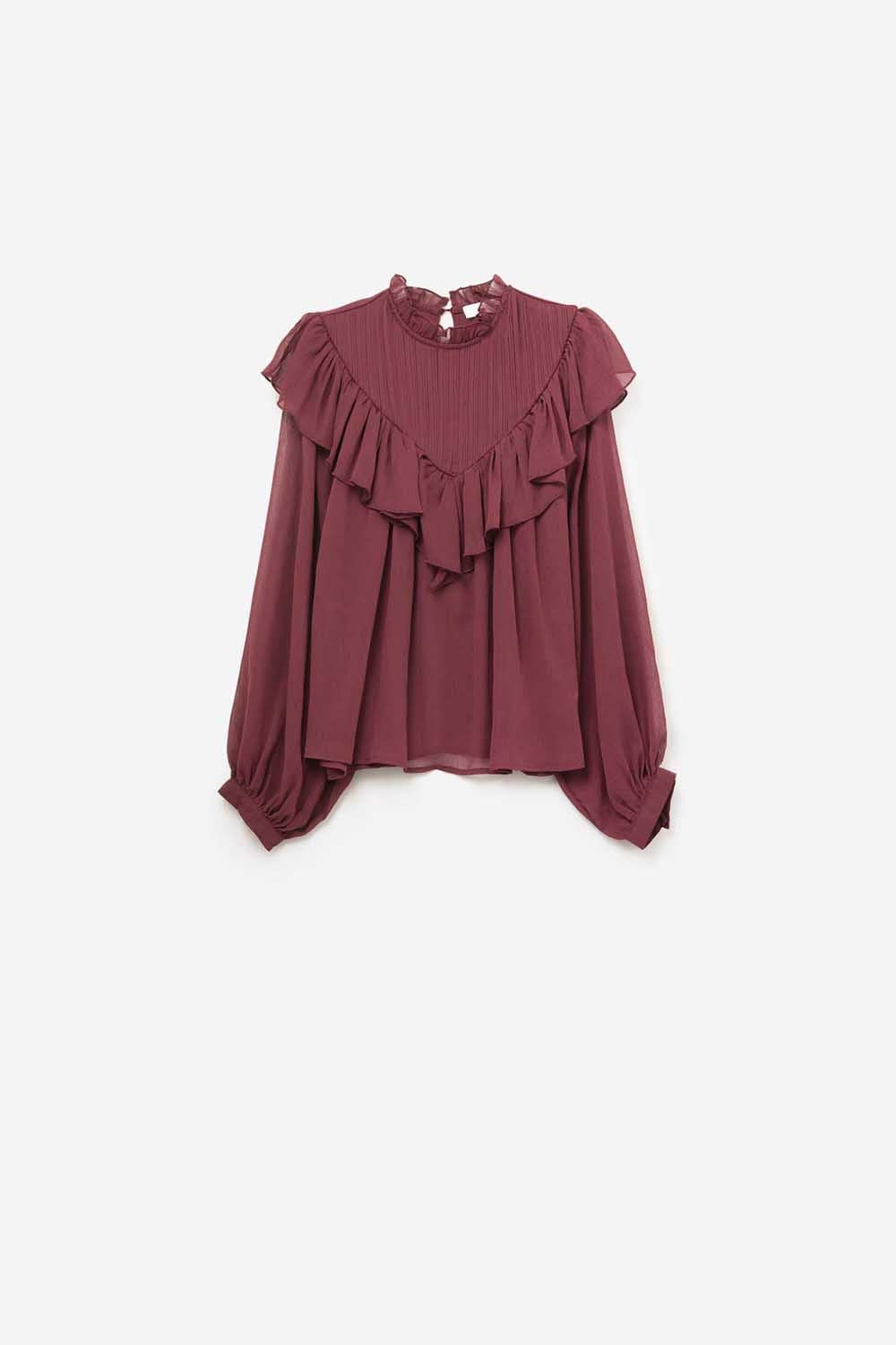 Romantic Burgundy Ruffled Long-Sleeve Blouse