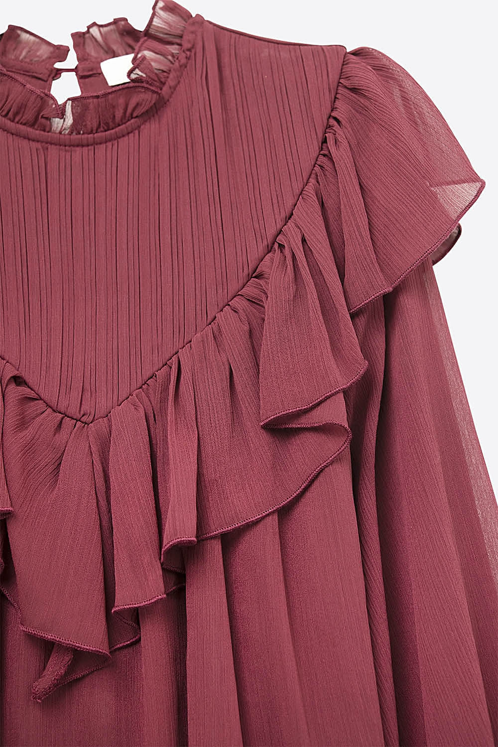 Romantic Burgundy Ruffled Long-Sleeve Blouse